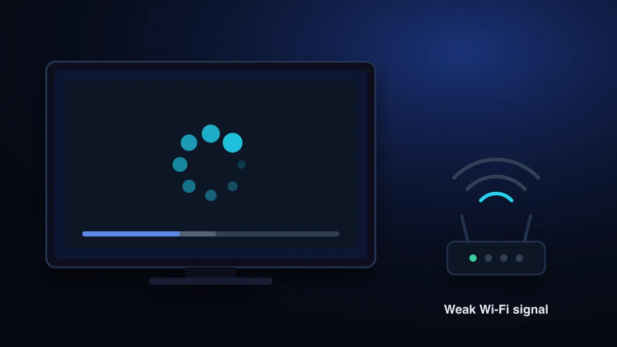 A TV showing a loading spinner beside a Wi-Fi router with weak signal bars