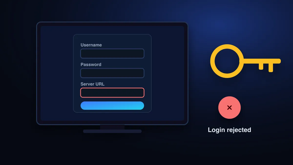 A TV login form with a username, password and server field, a key icon and a red error mark