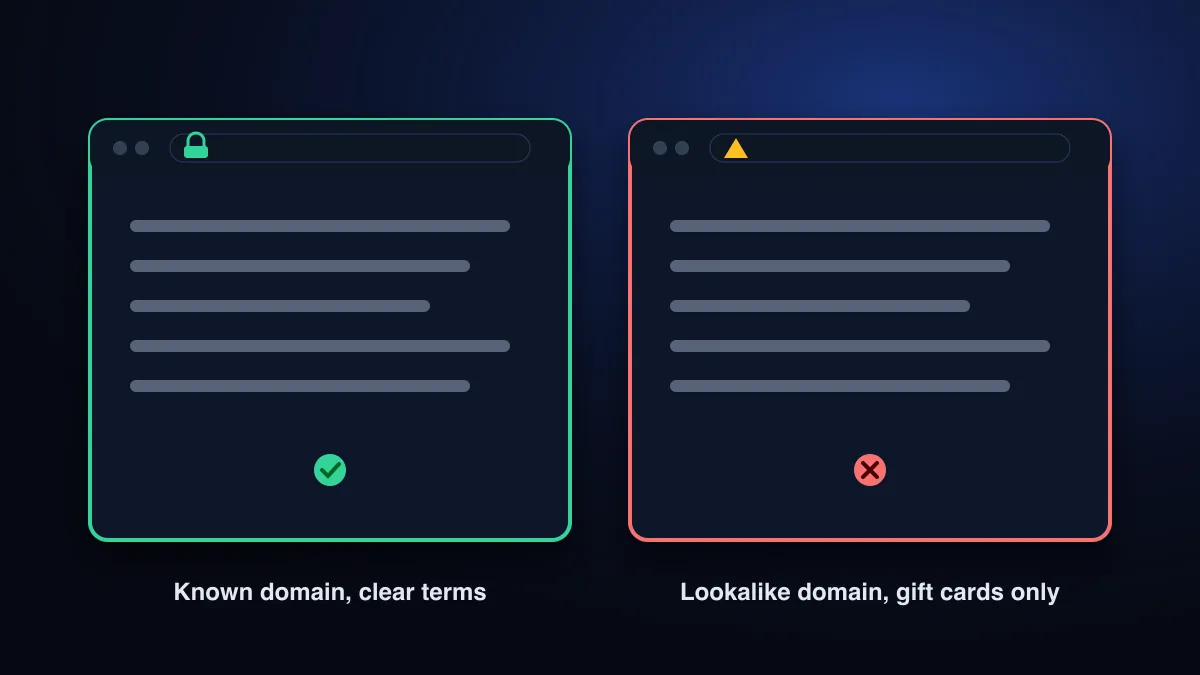 Two browser windows side by side, one with a padlock and a tick, the other with a warning sign and a cross