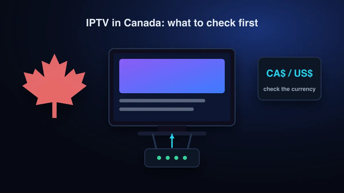 Illustration of a maple leaf beside a TV connected to a home router, with a card reminding you to check whether prices are in Canadian or US dollars