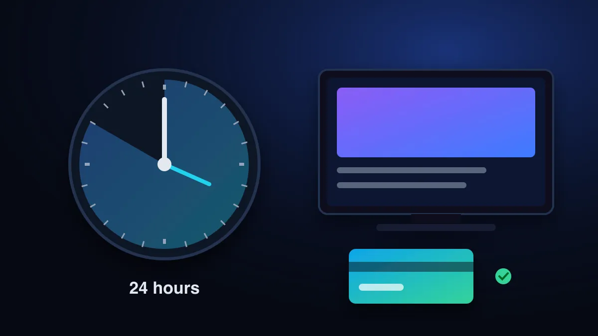 A 24-hour clock beside a TV, a checklist and a payment card, representing an IPTV free trial