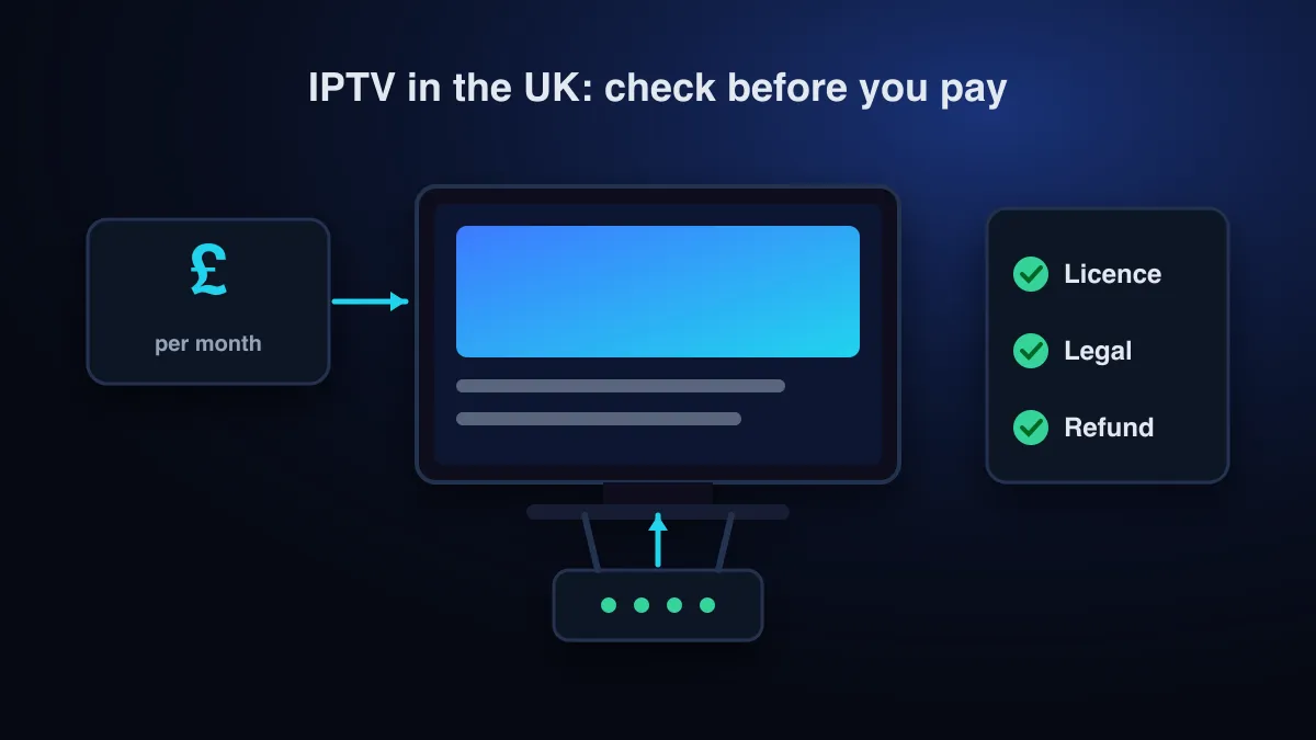 Illustration of a TV fed by home broadband, with a pound-priced subscription card and a checklist for licence, legality and refunds