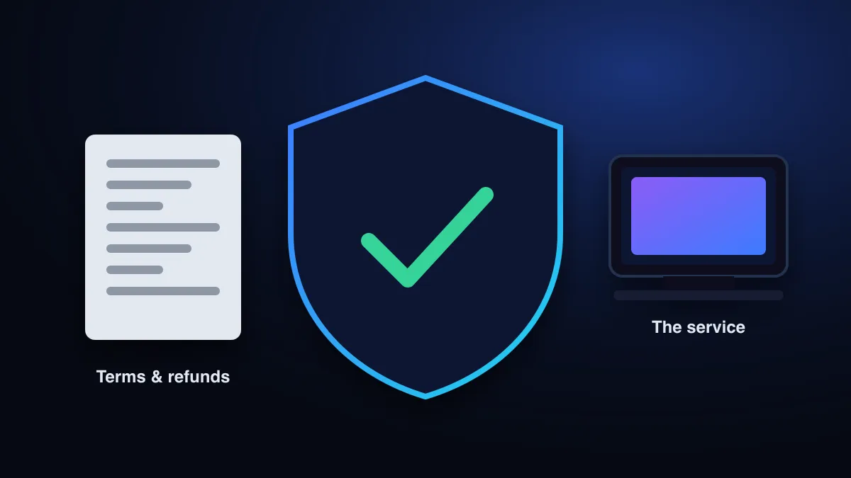 A shield with a checkmark beside a document and a TV, representing checks before trusting an IPTV service