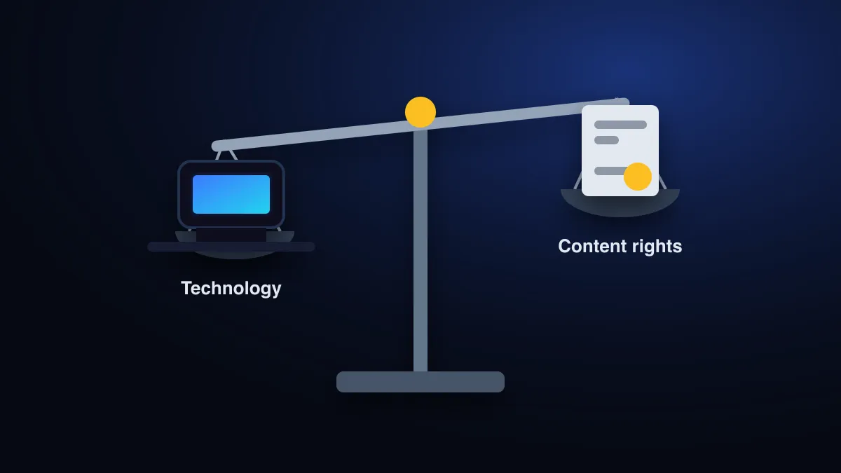 A balance scale weighing a TV against a document with a licence seal, representing IPTV and content rights